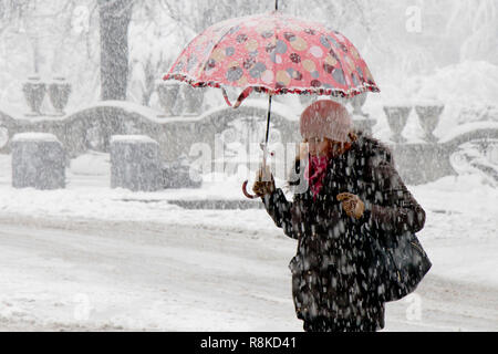 A Belgrado, in Serbia - Dicembre 15, 2018: una giovane donna camminare sotto ombrellone in forte nevicata in città strada dal parco Foto Stock