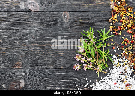 Mazzetto di timo fresco con il verde delle foglie e fiori di colore rosa con sale, pepe, semi di fieno greco su di un legno nero lo sfondo della scheda Foto Stock