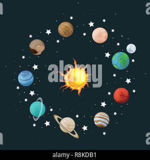 Clip-art vettoriali set del sistema solare. Ghirlanda con planet su sfondo spazio. Universo texture per biglietti di auguri e inviti Illustrazione Vettoriale
