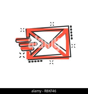 Mail icona a forma di busta in stile fumetto. Messaggio di posta elettronica vettore illustrazione cartoon pittogramma. La cassetta postale di posta elettronica concetto di business effetto splash. Illustrazione Vettoriale