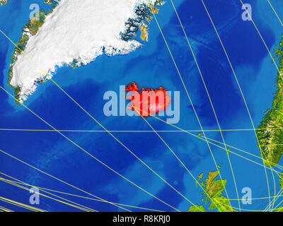 Islanda da spazio sul modello del pianeta Terra con le reti. Pianeta dettagliata superficie con luci della citta'. 3D'illustrazione. Gli elementi di questa immagine arredate Foto Stock