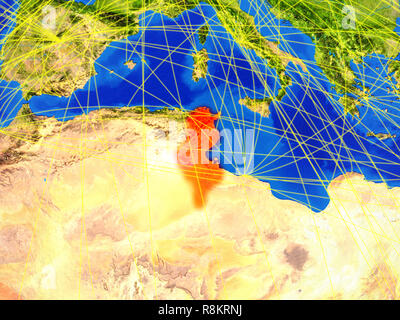 Tunisia da spazio sul modello del pianeta Terra con le reti. Pianeta dettagliata superficie con luci della citta'. 3D'illustrazione. Gli elementi di questa immagine arredate Foto Stock