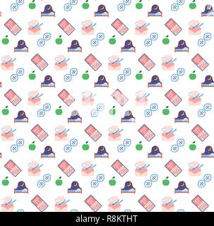 Apple frutto sano letto sleep cintura di misurazione libretto sanitario app icona DNA healthcare medical service medicina logo symbol concetto senza cuciture piatte di pattern Illustrazione Vettoriale