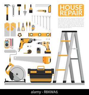 Set di DIY home riparare strumenti di lavoro vector logo design modello. Riparazione della casa banner, costruzione , riparare icone. Utensili a mano per la ristrutturazione di casa & co Illustrazione Vettoriale