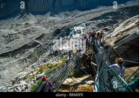 Francia, Chamonix-Mont Blanc, Haute-Savoie, Montenvers stazione lungo la Mer de Glace, scale scendendo verso la grotta di ghiaccio Foto Stock