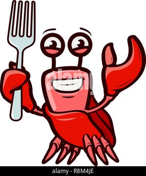 Funny crab detiene la forcella. Frutti di mare, cartoon illustrazione vettoriale Illustrazione Vettoriale