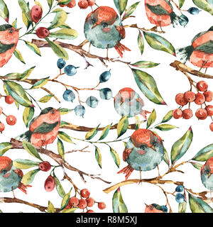 Carino acquerello floreale naturale seamless pattern con uccelli, tree twig, bacche e foglie, vintage illustrazione su sfondo bianco Foto Stock