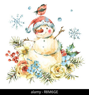 Inverno Acquerello Natale biglietto di auguri con graziosi sowman, fiori, uccelli, agrifoglio, rose, bacche, poinsettia. Naturale dipinte a mano illustrazione isolat Foto Stock