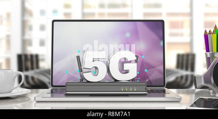 5G connessione di rete ad alta velocità. Quinta generazione di mobile internet router wifi sul computer portatile, blur ufficio business background. 3d illustrazione Foto Stock