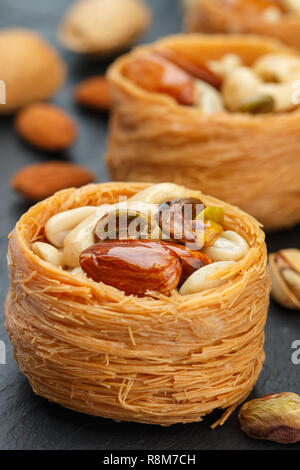 Medio tradizionali dolci orientali "Bird's Nest' in sciroppo di miele con dado riempimento - mandorle, anacardi, pistacchi. Il baklava di close-up. Deliziosi dessert Foto Stock