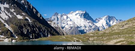 Francia, Hautes Alpes, Parco Nazionale degli Ecrins, il lago Goleon (2438 m) nel massiccio dell'Oisans con la Meije e il Râteau (3809m) in background Foto Stock