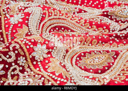 Red Wedding Saree con ricamo dettagliata Foto Stock