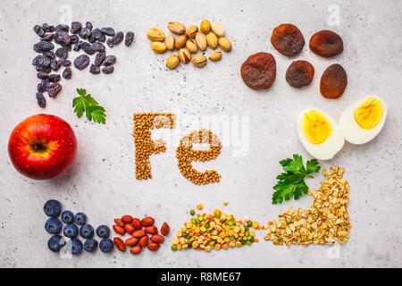 Prodotto sano fonti di Fe. Vista superiore, sfondo alimentare, ferro ingredienti: farina di grano saraceno, frutta secca, Apple, uova su uno sfondo bianco. Foto Stock