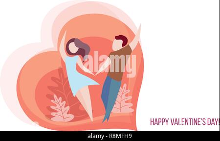 Valentines Day card con coppia tenendo le mani nel cuore di amore su sfondo rosso. Arte vettoriale illustrazione. In stile appartamento. Illustrazione Vettoriale