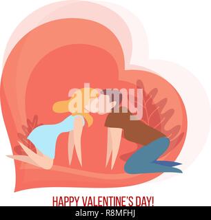 Valentines Day card con coppia baciare in amore cuore su sfondo rosso. Arte vettoriale illustrazione. In stile appartamento. Illustrazione Vettoriale