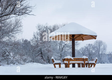 Panche con tetto a forma di funghi coperte di neve in inverno freddo giorno nel parco della città. Inverno Meteo concept Foto Stock