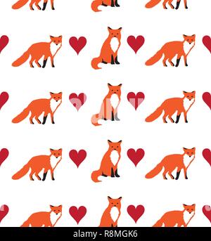 Illustrazione vettoriale di Fox e cuori sfondo senza giunture. Illustrazione Vettoriale