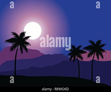 Illustrazione vettoriale di notte nel deserto sfondo. palmi, tramonto sullo sfondo della natura. Illustrazione Vettoriale