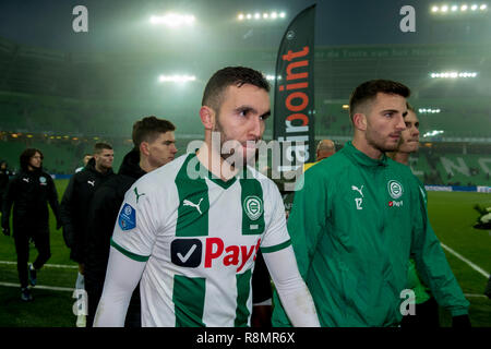 Groningen, Paesi Bassi. 16 dic 2018.FC Groningen - FC Emmen, Hitachi stadium, stagione 2018 / 2019, olandese Eredivisie, FC Groningen player Mimoun Mahi deluso dopo la partita FC Groningen - FC Emmen Credito: Pro scatti/Alamy Live News Credito: Pro scatti/Alamy Live News Credito: Pro scatti/Alamy Live News Foto Stock