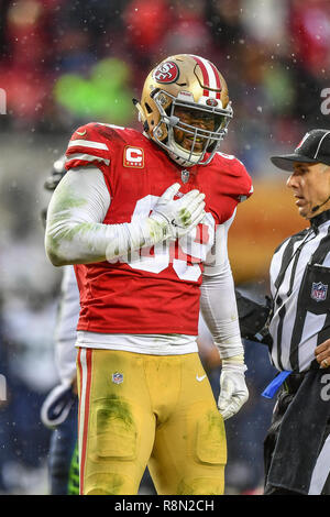 Santa Clara, CA. Xvi Dec, 2018. San Francisco 49ers tackle difensivo togliere Buckner (99) celebra un affrontare durante la NFL partita di calcio tra i Seattle Seahawks e San Francisco 49ers a Levi's Stadium di Santa Clara, CA. Chris Brown/CSM/Alamy Live News Foto Stock