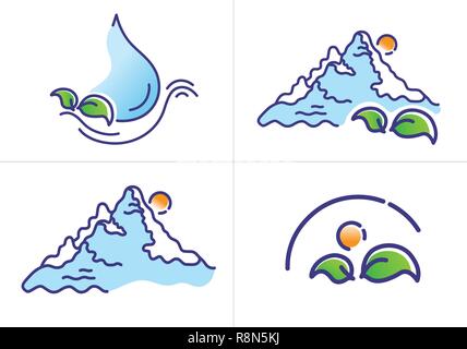 Set di Logo ecologici, linea illustrazione vettoriale di una goccia di acqua, foglie verdi, montagna, sole, bianco su sfondo isolato Illustrazione Vettoriale