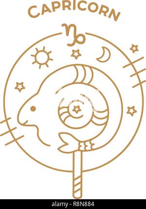 Vector segno zodiacale Capricorno, logo o illustrazione. Oroscopo di cibo per i bambini. Illustrazione Vettoriale
