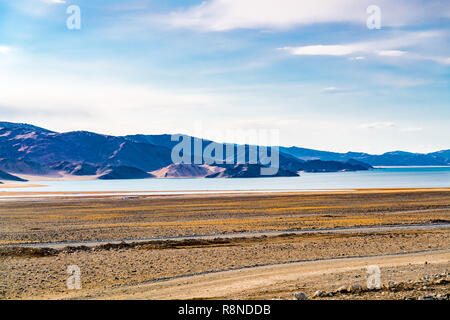 Vista della steppa di grandi dimensioni con gli animali della fattoria vicino al lago di fronte all'alta montagna a Ulgii in Mongolia occidentale