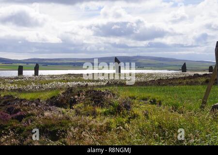 Skara Brae antico borgo situato sulle isole di Orkney. Sulla strada da Kirkwall ci siamo fermati alla pietra permanente chiamato anello di Brodgar. Foto Stock