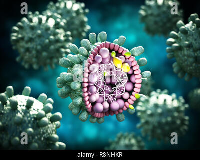 Dettaglio strutturale del virus di epatite B su blu-verde dello sfondo. 3D'illustrazione. Foto Stock