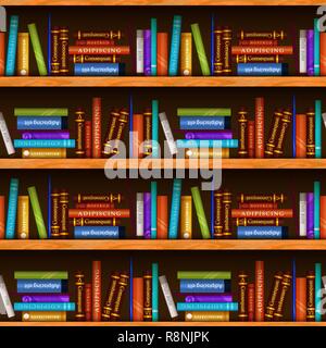 Luminose scaffali in legno con diversi libri colorati, modello senza giunture Illustrazione Vettoriale