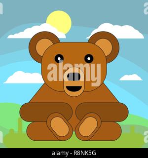 Orsacchiotto di peluche in cartoon stile piatto sullo sfondo di prati, sole e nuvole. Illustrazione Vettoriale su sfondo bianco. Illustrazione Vettoriale