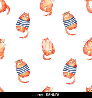 Modello senza cuciture con un luminoso dipinto a mano ad acquarello gatti carino. Carino sfondo decorativo perfetto per gretting carta regalo, design di vivaio o tessuto Foto Stock