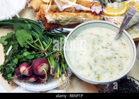 Bella che serve Vintage coppa in ceramica di fatti in casa zuppa Kefir Dovga Tarator o. Foto Stock