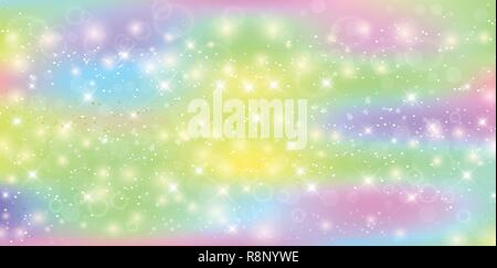 Rettangolo di vettore galaxy sfondo fantasy in vivaci colori bambino. Magic unicorn banner billboard con maglia iridata. Carino universo modello in princes Illustrazione Vettoriale