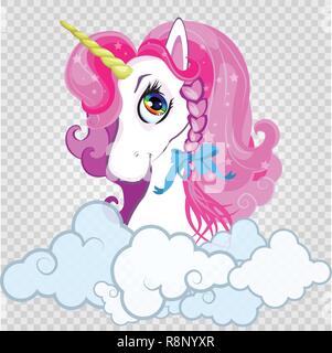 Cartoon pony bianco unicorn testa con capelli rosa ritratto in parentesi nuvole su sfondo trasparente. Illustrazione Vettoriale, icona, adesivo, clip art per ki Illustrazione Vettoriale
