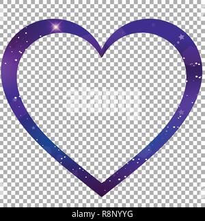 Fantastico vettore galassia a forma di cuore cornice fotografica su sfondo trasparente. Neon viola magic icona, notte cielo stellato amore segno per il messaggio di saluto di san valentino Illustrazione Vettoriale