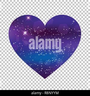 Vettore galaxy fantastico cuore isolato su sfondo trasparente. Neon viola magic icona, notte cielo stellato amore simbolo per san valentino biglietto di auguri, w Illustrazione Vettoriale