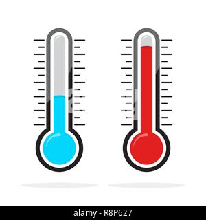 Icone di termometri con diversi livelli. Illustrazione Vettoriale. Blu e rosso indicatori termometro in uno stile piatto Illustrazione Vettoriale