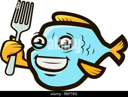 Funny Fish forcella di supporto. Il logo di frutti di mare o etichetta. Fumetto illustrazione vettoriale Illustrazione Vettoriale