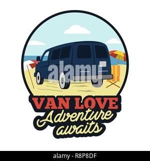 Van badge. Adenture attende preventivo. Happy camper sulla spiaggia il concetto di scena. Perfetto per T-Shirt, mug, adesivo. stampe. Stock emblema del vettore isolato su sfondo bianco. Illustrazione Vettoriale