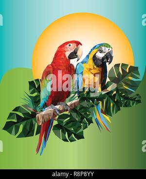 Illustrazione disegno poligonale di ala verde e blu e oro macaw uccelli con foglia tropicale. Illustrazione Vettoriale