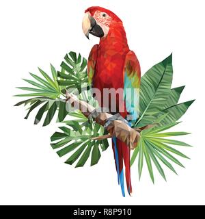 Illustrazione disegno poligonale di ala verde macaw bird con foglia tropicale. Illustrazione Vettoriale