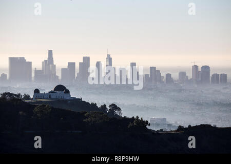 Fumoso mattina presto vista del centro cittadino di Los Angeles dal popolare parco Griffith al di sopra di Hollywood, in California. Foto Stock