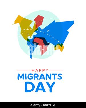 La Giornata Internazionale dei Migranti greeting card illustrazione colorata mappa del mondo con i marchi di viaggio e destinazioni per la migrazione globale o movimento dei rifugiati Illustrazione Vettoriale
