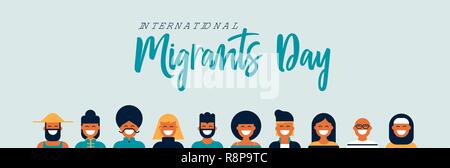 La Giornata internazionale dei migranti a livello globale il concetto di migrazione illustrazione con diverse amico gruppo di culture diverse da tutto il mondo: asiatica, c Illustrazione Vettoriale