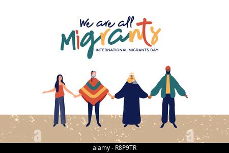 La Giornata Internazionale dei Migranti illustrazione dello sfondo, diversi gruppi di persone di diverse culture insieme per la migrazione globla o rifugiato concetto guida Illustrazione Vettoriale