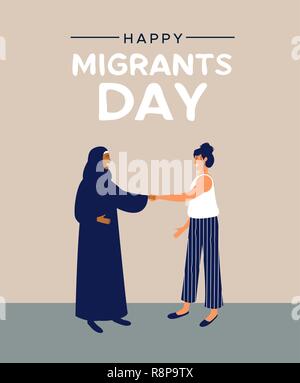 La Giornata Internazionale dei Migranti greeting card illustrazione, donne amici incontro di culture diverse per la migrazione globale o di rifugiato aiutare conce Illustrazione Vettoriale