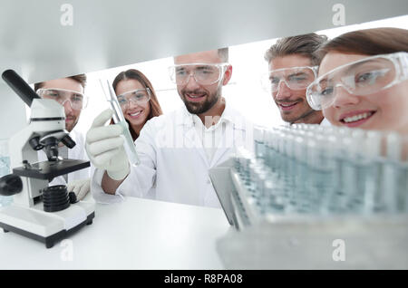 Gruppo di farmacisti lavorando nel laboratorio. Foto Stock