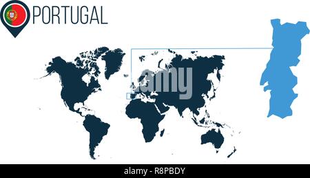 Posizione del Portogallo moderno vettore mappa per infographics. Tutti i paesi del mondo senza nomi. Il Portogallo round tricolore nella mappa il pin o il marcatore. illustra il vettore Illustrazione Vettoriale