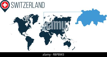 La Svizzera posizione sulla mappa del mondo per infographics. Tutti i paesi del mondo senza nomi. La Svizzera round tricolore nella mappa il pin o il marcatore. vettore malato Illustrazione Vettoriale